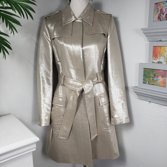 St. John Jackets & Blazers - St. John Shimmering Silk Trench Tan / Silver w/ Belt & Pockets Couture sz 10